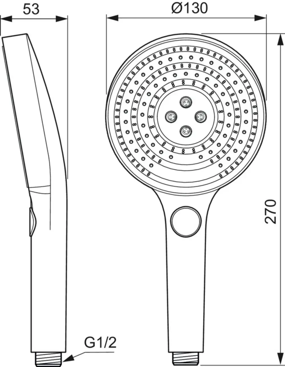 Handbrause in einem technischen Design mit runden Düsen und ergonomischem Griff. Produkt von Ideal Standard, geeignet für standardmäßige Montage.